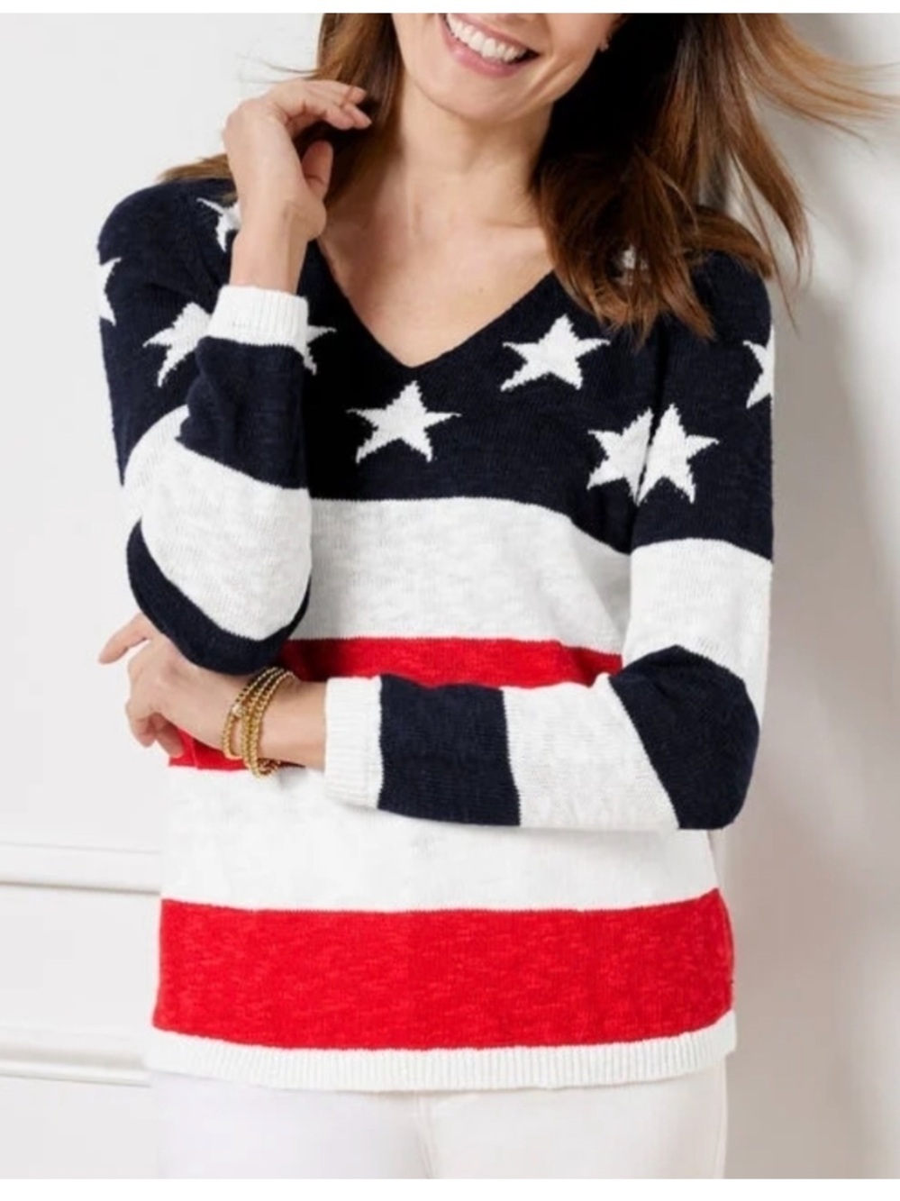 Talbots V-neck Flag Sweater Americana Linen Cotton Blend Relaxed Fit size large
